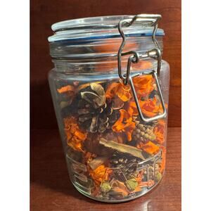 Harvest Potpourri in a Glass EAT Jar Canister 6.5 inches Halloween Ribbon
